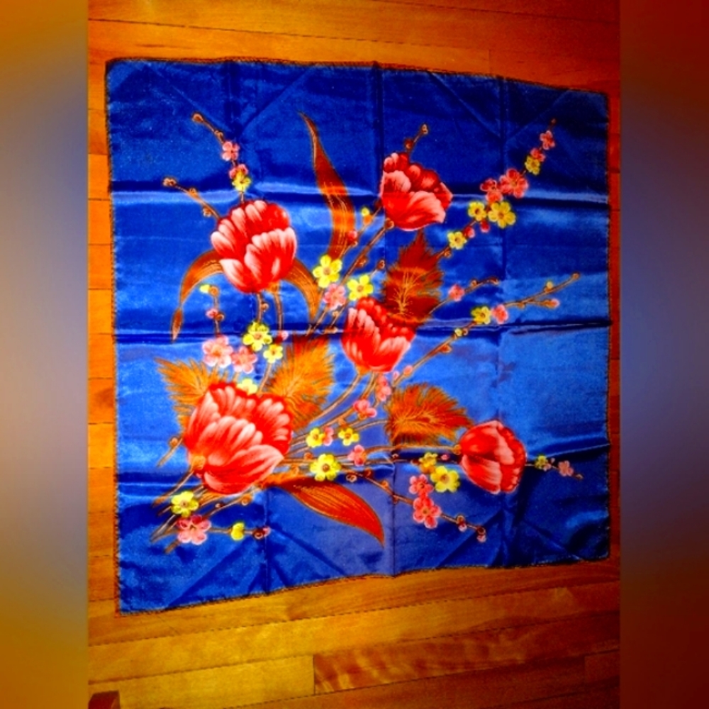 Blue Floral Silk Scarf - Silk Scarf With Floral design (Blue with Flowers).